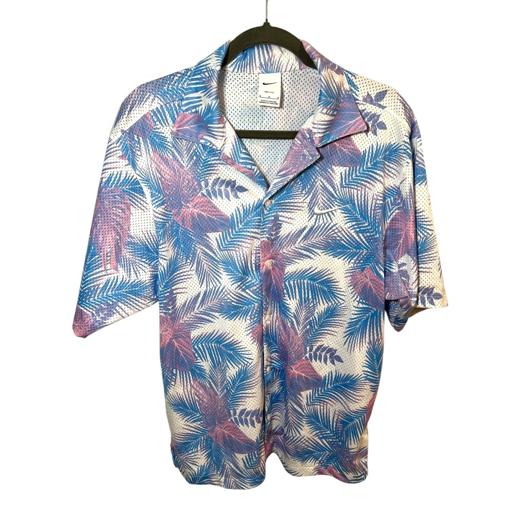 Nike Dri-FIT Tropical Palm Mesh Camp Shirt Resortwear Floral Swoosh Mens Size M